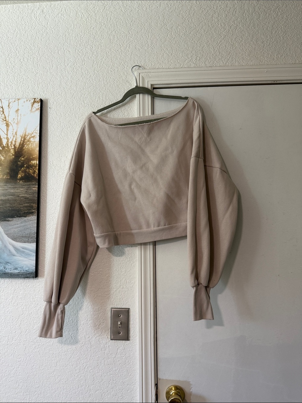 Blogilates x Target Off Shoulder Cropped Fleece Sweater, Cream, Thumb Holes